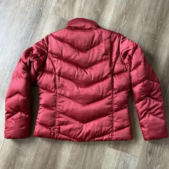 Eddie Bauer Jacket Sz M Red Quilted Goose Down Puffer Fleece Cuffs Short Shinny - Picture 16 of 16